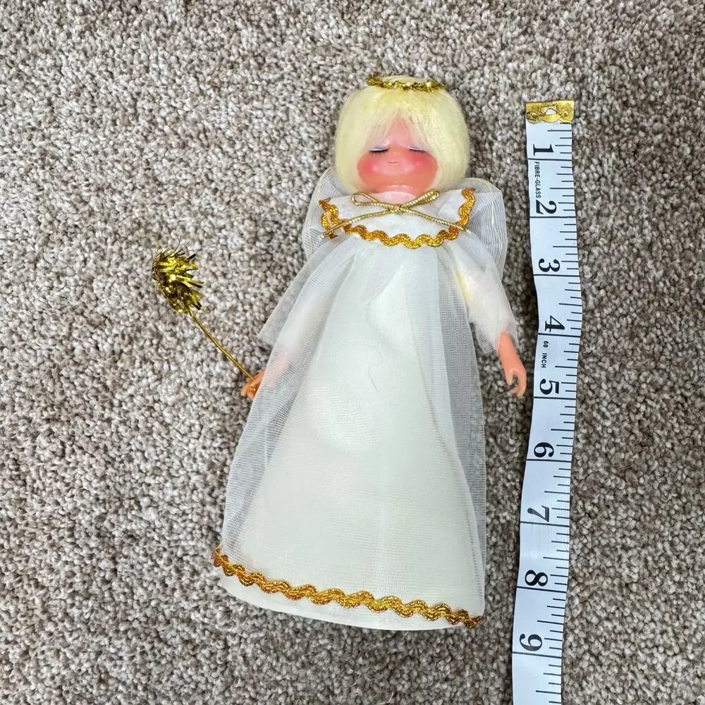 VTG Christmas Angel Tree Topper 1960s Decor Blue Eyeshadow White Gold Trim